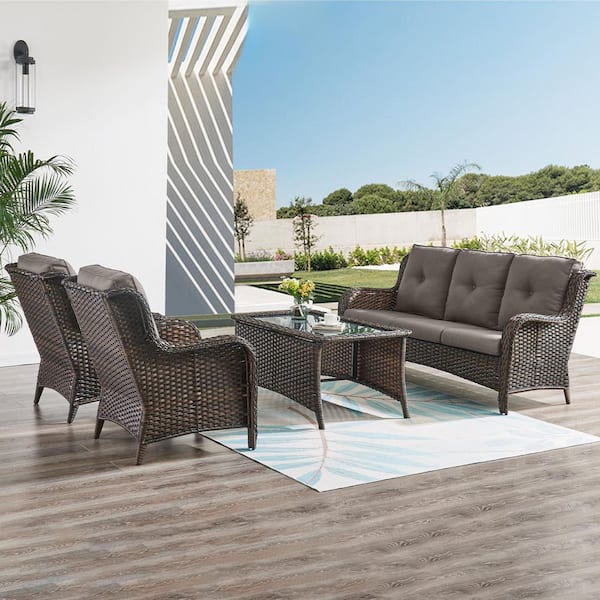 4-Piece Wicker Outdoor Patio Seating Conversation Set Sectional Sofa Glass Coffee Table with Gray Cushions