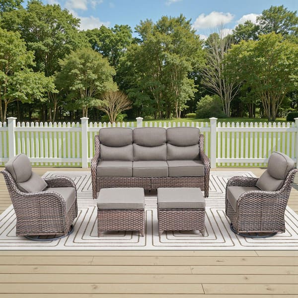 Holion Brown 5-Piece Wicker Patio Conversation Set with Swivel Chairs Outdoor Sofa Seating Set with 6 in. Gray Cushions