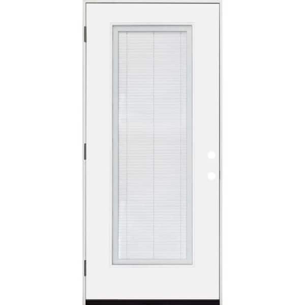 Legacy 28 in. x 80 in. Full Lite Clear Micro Blind RHOS White Primed Fiberglass Prehung Door with 4-9/16 in. Jamb