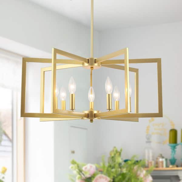 7-Light Farmhouse Rectangular Gold Hanging Linear Island Chandelier Lighting for Kitchen Island