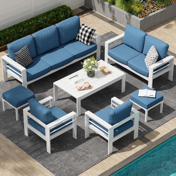 AECOJOY 7 Pieces Outdoor Conversation Set, Aluminum Modern Patio Furniture Set with Coffee Table in Blue Cushions