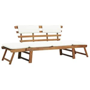 74.8 in. W 4-Person Brown Wood Outdoor 2-in-1 Bench with White Cushions