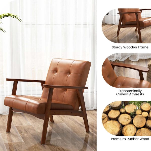 Costway Mid Century Brown Accent Chair Tufted Reading Armchair Solid Rubber Wood M1C1114 A9WF