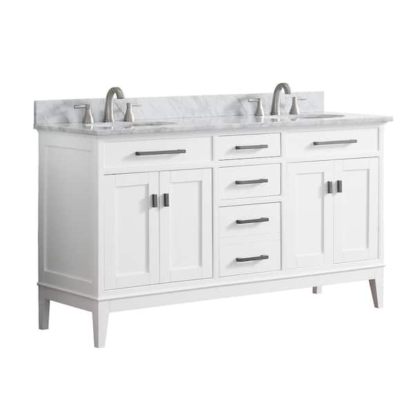 Madison 61 in. Double Sink White Bath Vanity with Carrara White Marble Top