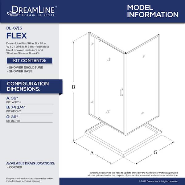 Flex 36 in. W x 36 in. D x 74.75 in. Corner Framed Pivot Shower Enclosure in Brushed Nickel with White Acrylic Base