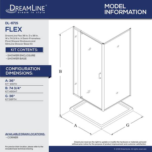 Flex 36 in. W x 36 in. D x 74.75 in. Corner Framed Pivot Shower Enclosure in Brushed Nickel with White Acrylic Base Flex 36 in. W x 36 in. D x 74.75 in. Corner Framed Pivot Shower Enclosure in Brushed Nickel with White Acrylic Base