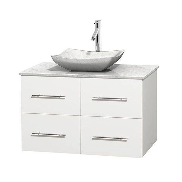 Wyndham Collection Centra 36 in. Vanity in White with Marble Vanity Top in Carrara White and Sink