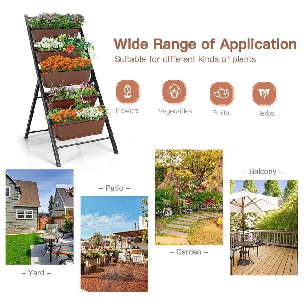 Brown 5-Tier Iron Vertical Garden Planter for Indoor/Outdoor Use