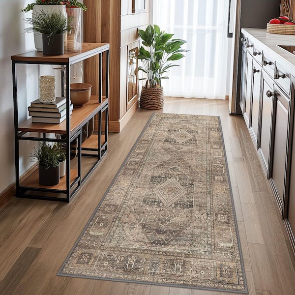 Naiad Machine Washable Sage 2 ft. x 10 ft. Geometric Border Indoor Area Rug