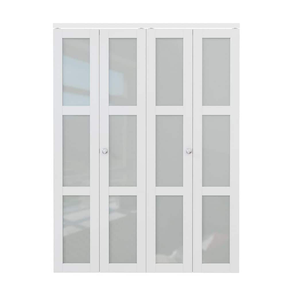 60 in. x 80 in. White MDF Bi-Fold Door with Frosted Glass Panels