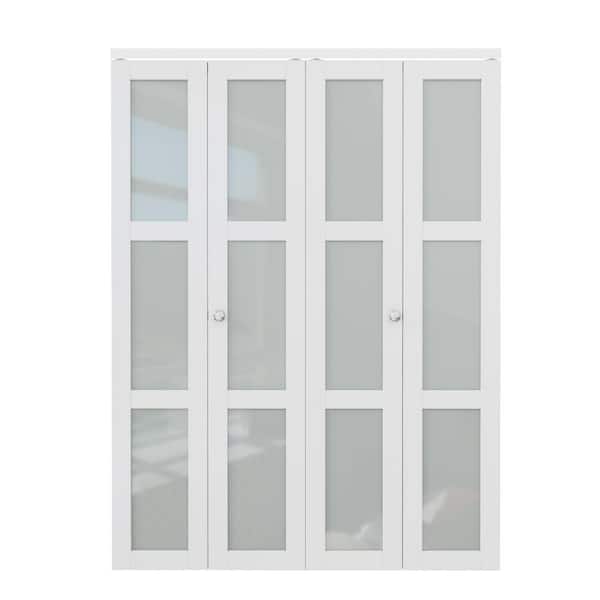 60 in. x 80 in. 3-Lite Tempered Frosted Glass and Solid Core White Finished Close Bi-Fold Door with Hardware