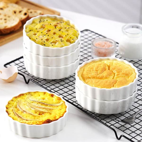 6 Piece Shallow Porcelain Ramekin Set Oven Safe Chip-Resistant Fluted Quiche Baking Dishes with Stackable Design