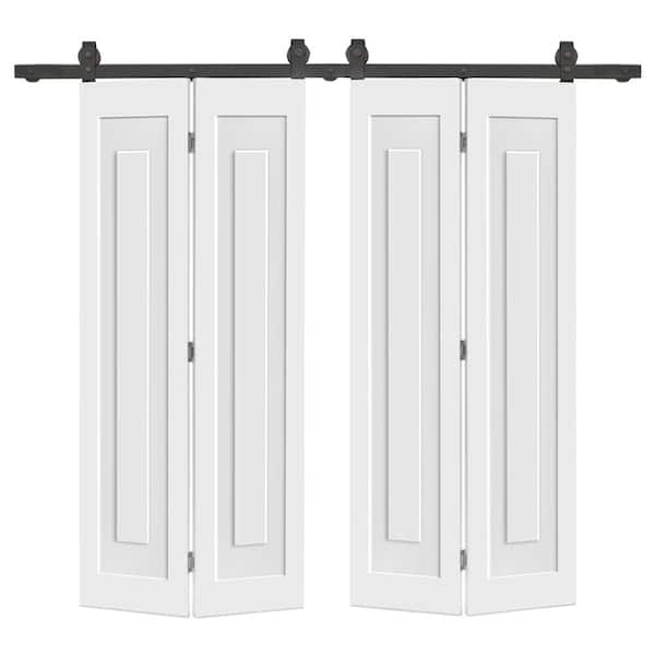 CALHOME 48 in. x 80 in. 1 Panel Shaker Hollow Core White Composite Double Bi-fold Door with Barn Door Hardware Kit