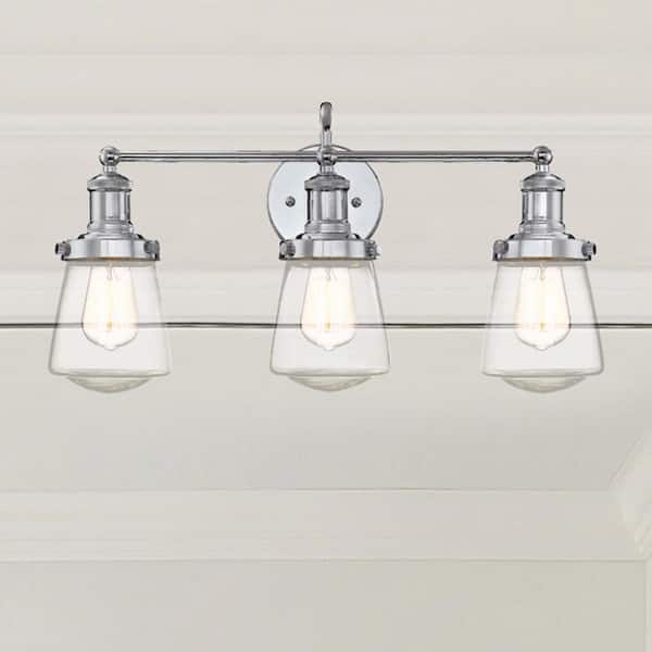 Taylor 22.75 in. 3-Light Chrome Industrial Vanity Light with Clear Glass Shades