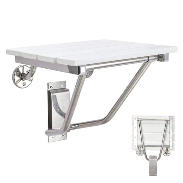 Wall Mounted Folding Plastic Wood Shower Seat and Bench, Collapsible Shower Stool in White, Foldable Shower Chair