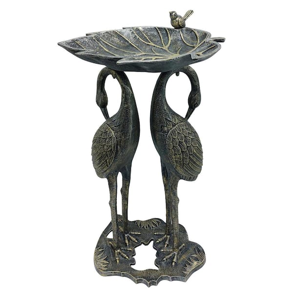 Oakland Living Cast Aluminum 30 in. Twin Crane Silver Gold Bird Bath with Leaf Bowl