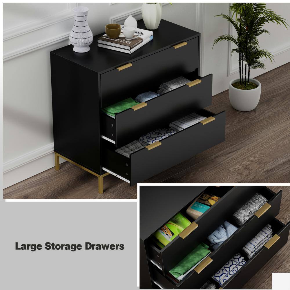 Black and Gold 3-Drawer Mid-Century Modern Chest