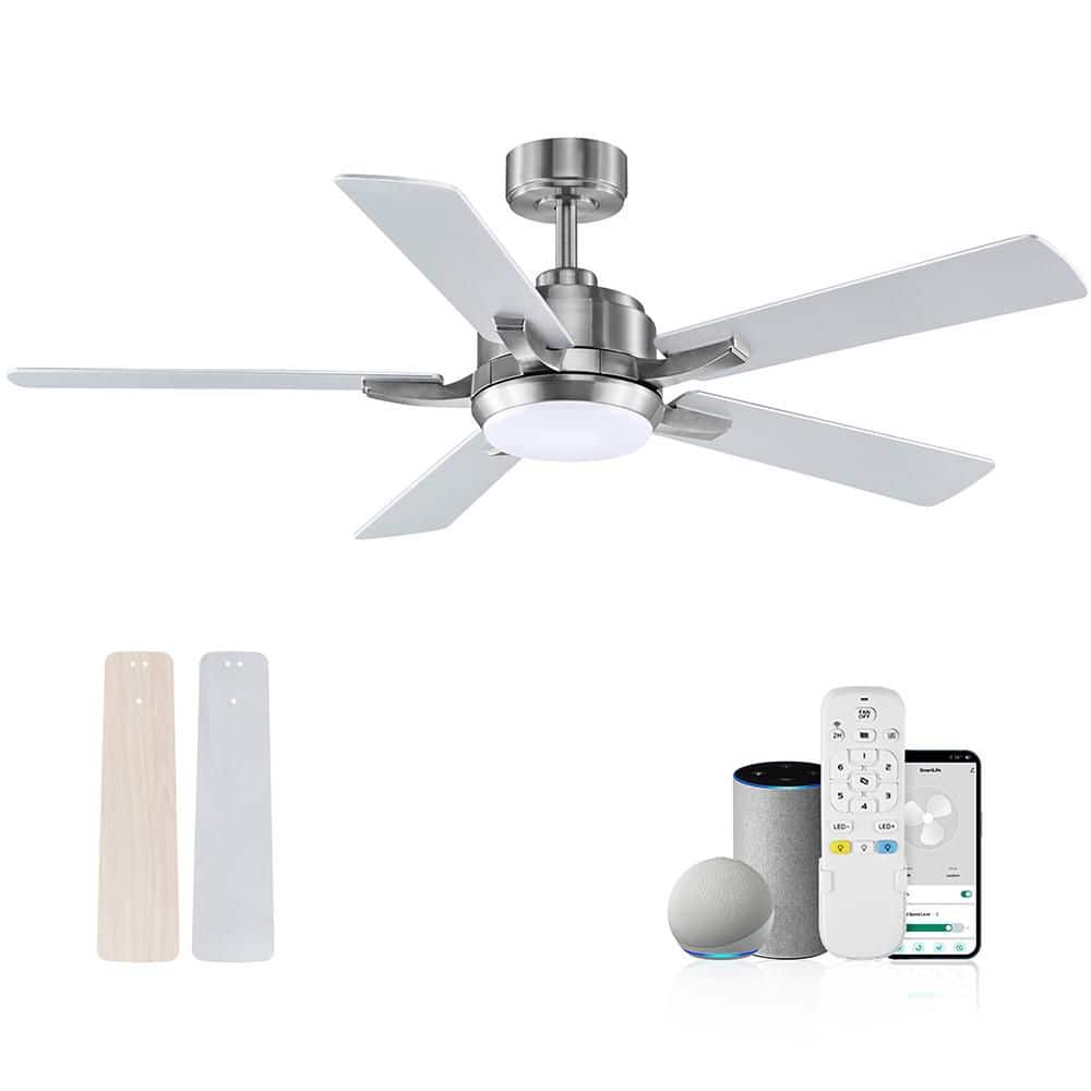 52 in.Smart Indoor Outdoor Silver Ceiling Fans LED Lights and Remote,Contro