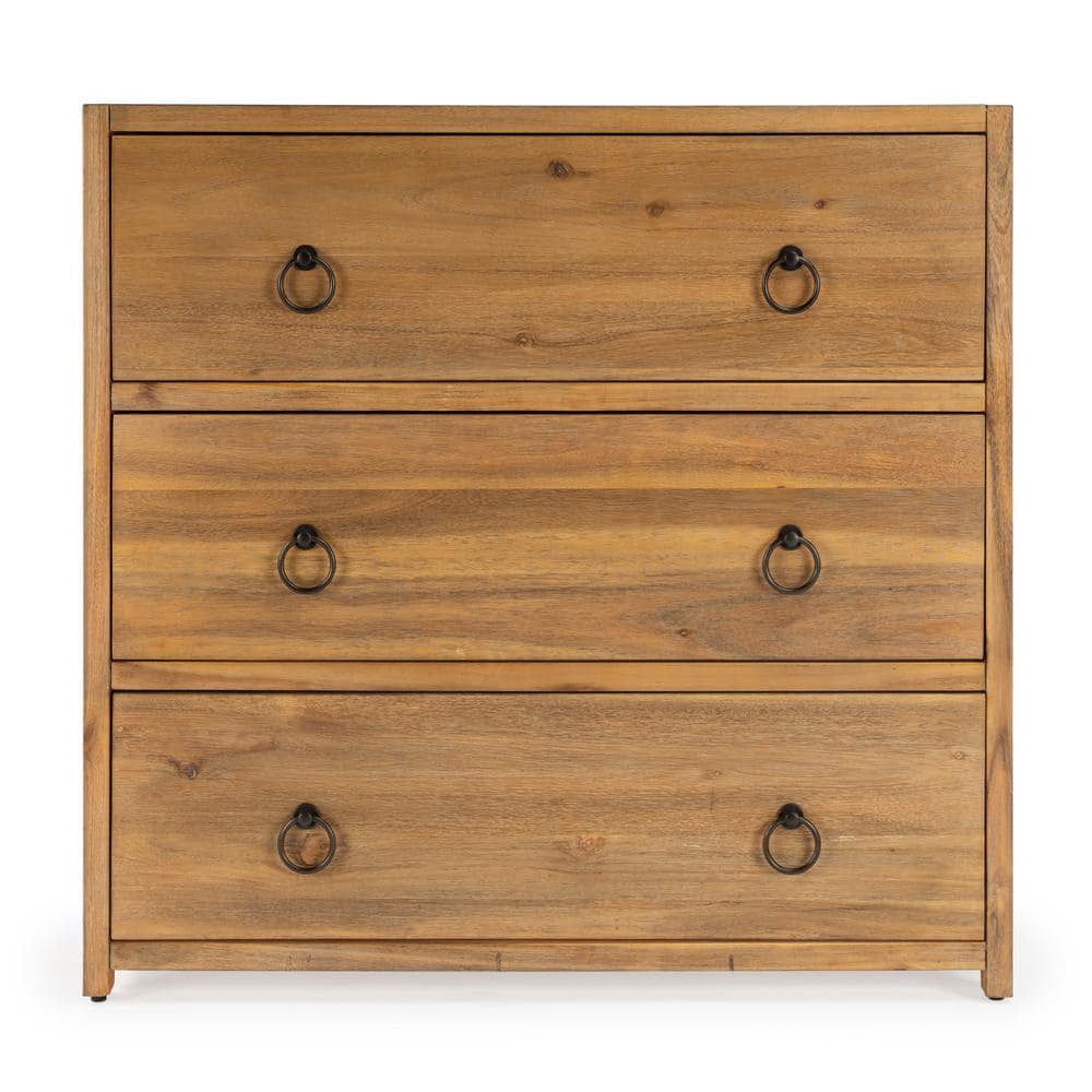 Natural Wood 3-Drawer Chest with Black Metal Hardware