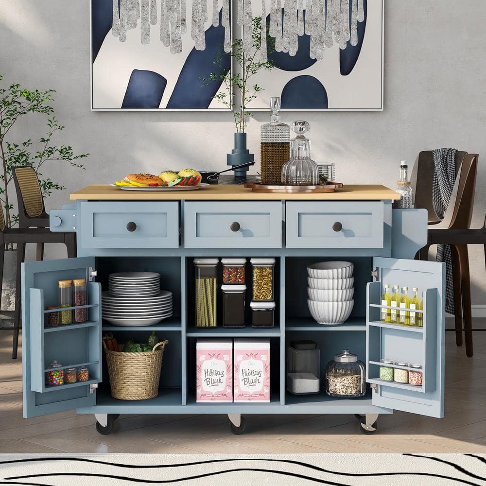  Blue Rubber Wood Drop-Leaf Countertop 53.1 in. W x 29.5 in. D x 37.2 in. H Kitchen Island with Internal Storage Racks