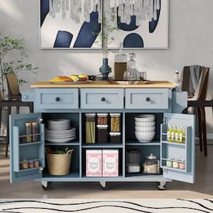 Blue Rubber Wood Drop-Leaf Countertop 53.1 in. W x 29.5 in. D x 37.2 in. H Kitchen Island with Internal Storage Racks