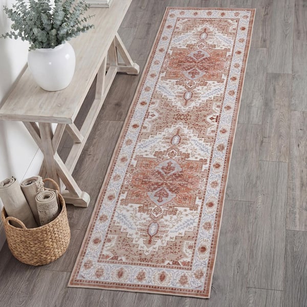 Eleanor Vintage Medallion Border Machine-Washable Cream/Terra 2 ft. x 8 ft. Runner Rug