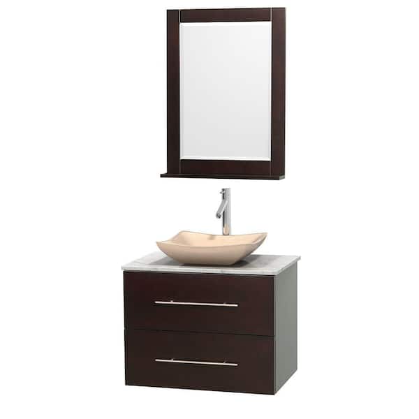 Wyndham Collection Centra 30 in. Vanity in Espresso with Marble Vanity Top in Carrara White, Ivory Marble Sink and 24 in. Mirror