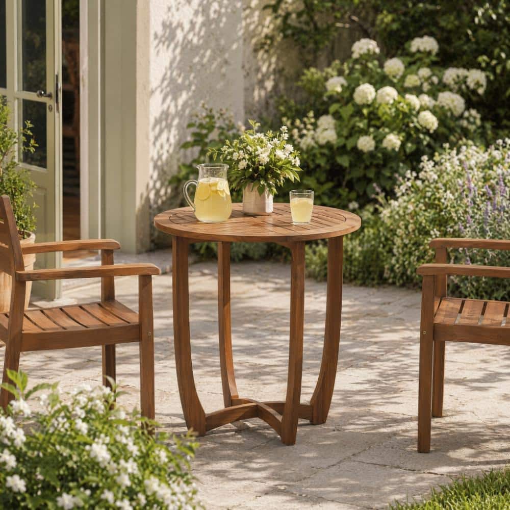 27.5 in Round Solid Wood Dining Table Natural Teak Finish for Indoor and Outdoor price history on PriceWatchPro