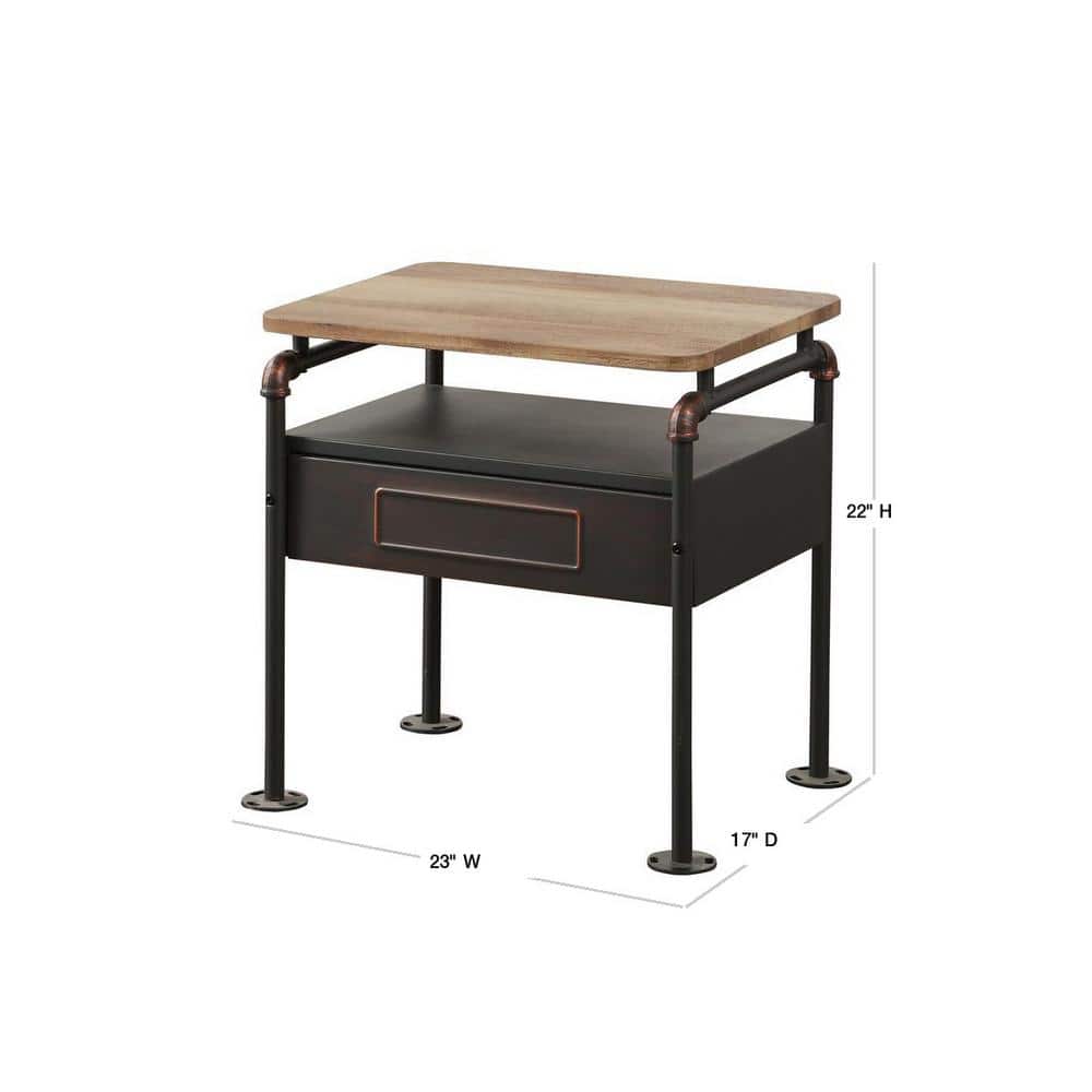 Industrial Oak and Gray Metal Nightstand with Drawer and Shelf
