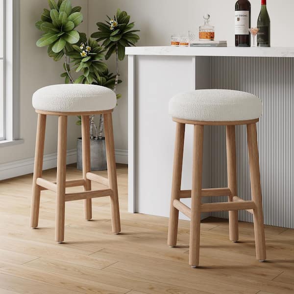 27.36 in. H Natural and Beige Polyester Upholstered Wood Frame Bar Stool Set of 2 with Crossbars