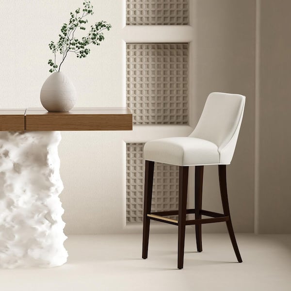 Beever Modern 32.7 in. Cream Wood Frame Bar Stool with Chenille Fabric Upholstered Seat