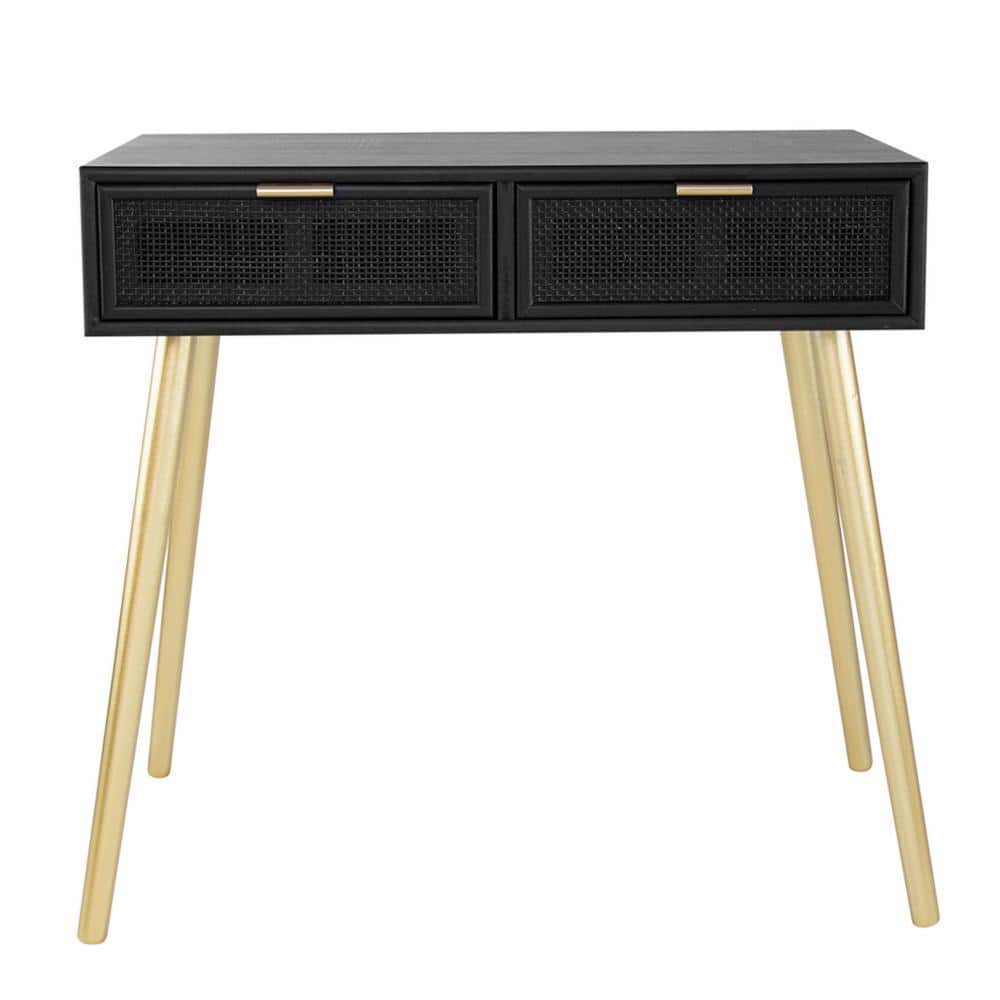 Jet Black Pine & Rattan Console Table with Mirrored Glass, 32"
