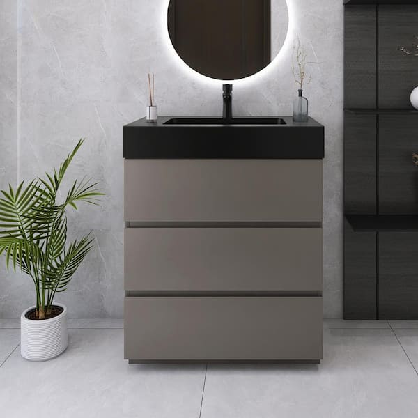 Unbranded 30 in. W x 18 in. D x 37 in. H Single Sink Freestanding Bath Vanity in Grey with Black Quartz Sand Top