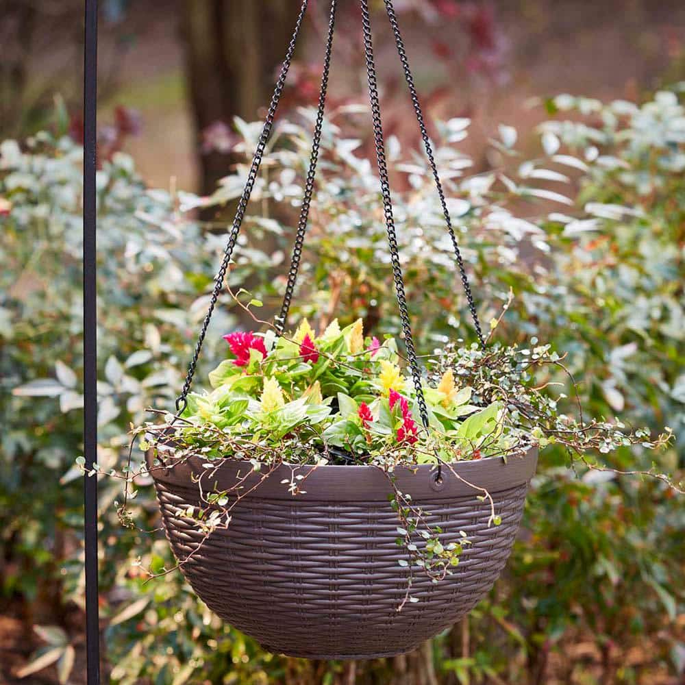 12" Dark Brown Resin Wicker Hanging Basket Planter