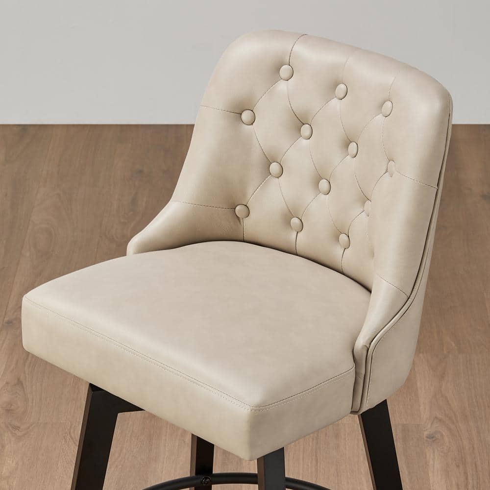 Beige Faux Leather Swivel Counter Height Barstools with Black Wood Legs, Set of 2