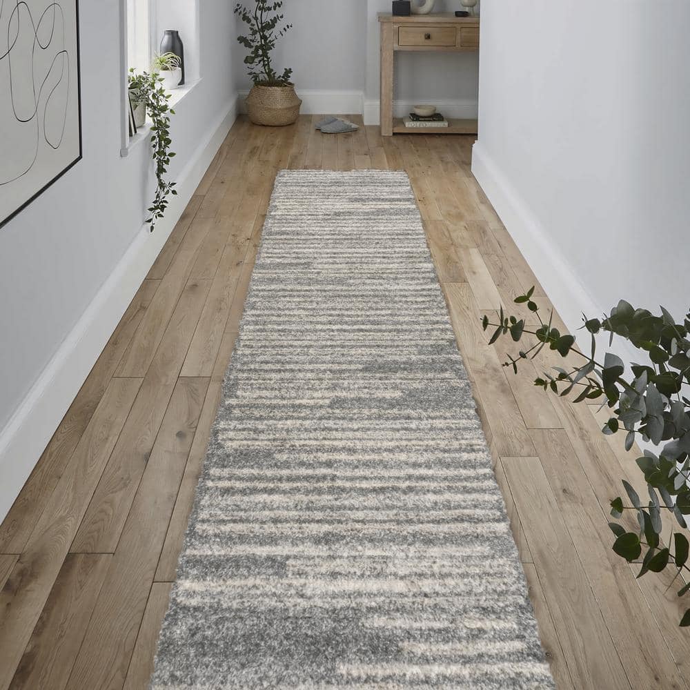 Gray and Cream Striped Synthetic Runner Rug, 2'-2" X 8'