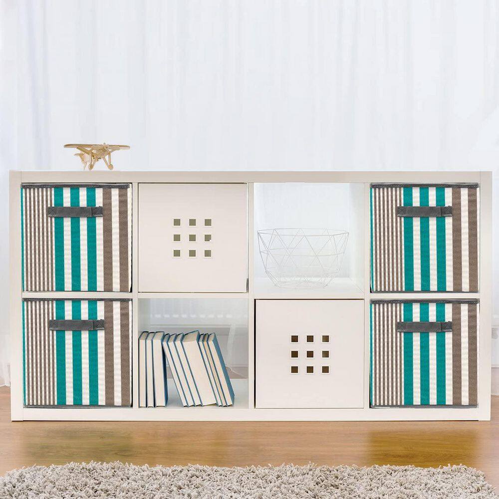 Aqua and Gray Striped Collapsible Fabric Storage Cubes - 6 Pack