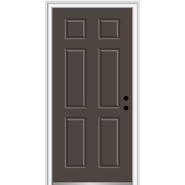 MMI DOOR 32 in. x 80 in. Left-Hand Inswing Classic 6-Panel Painted Brown Fiberglass Smooth Prehung Front Door, 4-9/16 in. Frame