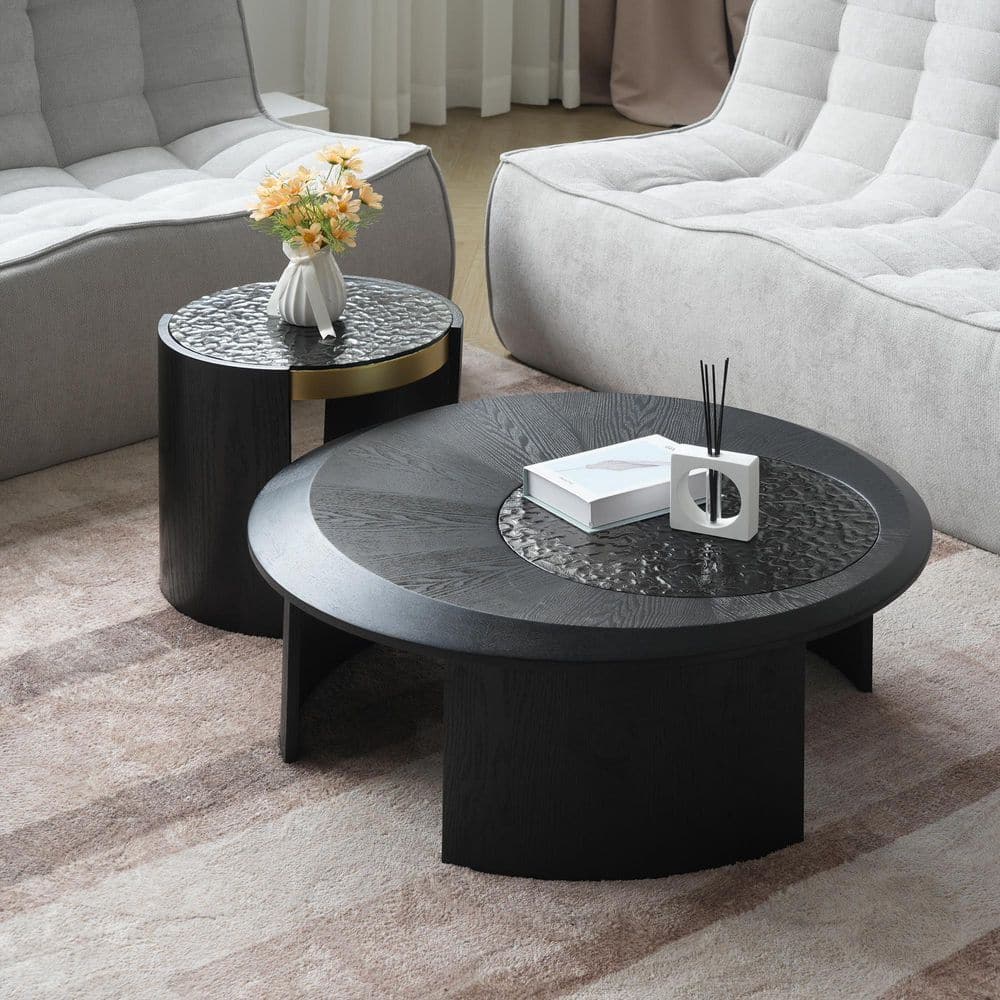 35.43 in. Black Round Glass Coffee Table with 2 Pieces price history on PriceWatchPro