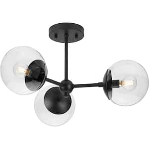 Atwell Collection 22 in. 3-Light Matte Black Semi-Flush Mount Mid-Century Modern with Clear Glass Shade