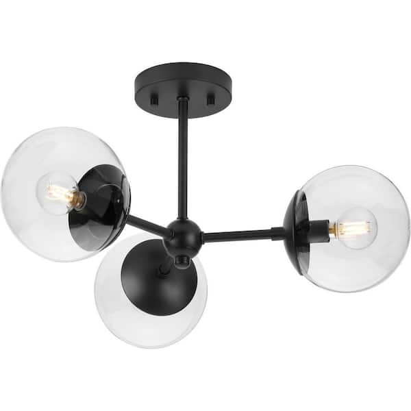 Progress Lighting Atwell Collection 22 in. 3-Light Matte Black Semi-Flush Mount Mid-Century Modern with Clear Glass Shade