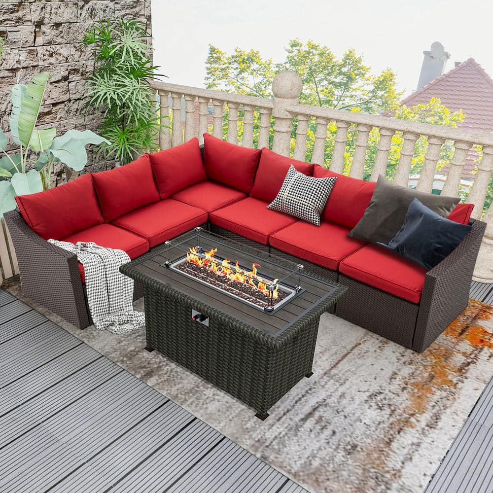 7-Piece Wicker Fire Pit Patio Sets with Wine Red Cushion, 44 in. Black 50,0