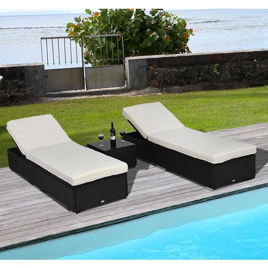 Cream White Cushioned Rattan Outdoor Chaise Lounge Set with Table