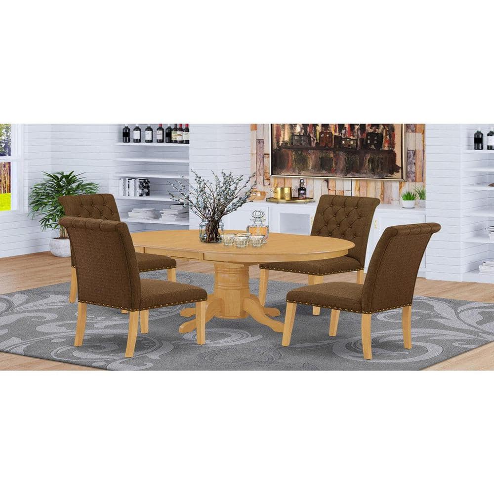 5-Piece Oval Natural Oak Finish Solid Wood Top Dining Table with 4 Parson Chair with Butterfly Leaf Lattice Back