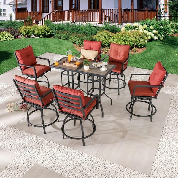 Patio Festival 8-Piece Metal Bar Height Outdoor Dining Set with Red Cushions