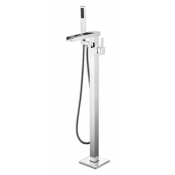 Lexora Cascata Single Handle Freestanding Floor Mount Tub Faucet Bathtub Filler with Hand Shower in Chrome