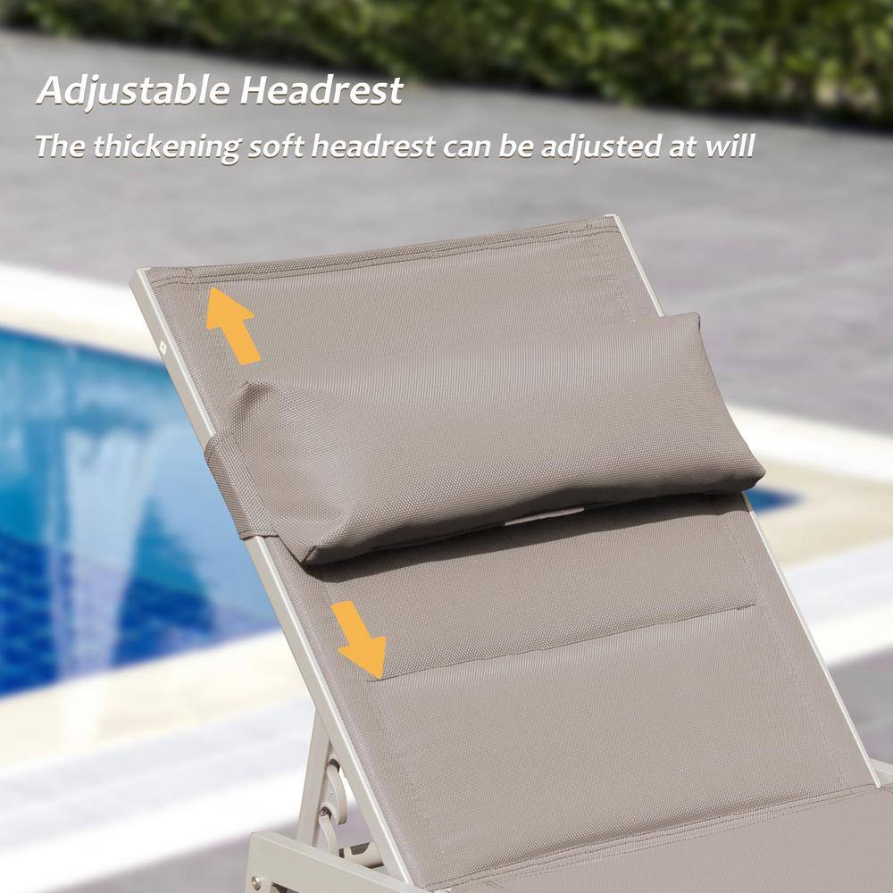 Khaki Aluminum Adjustable Outdoor Chaise Lounge Set with Side Table