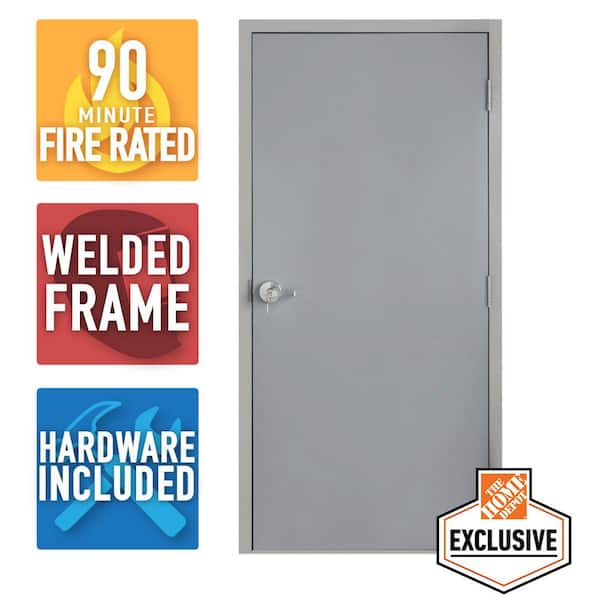 Armor Door 36 in. x 80 in. Fire-Rated Gray Left-Hand Flush Entrance Steel Prehung Commercial Door with Welded Frame and Hardware