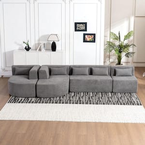 143.7 in. Boucle Fabric Square Arm Straight Sectional Sofa in Gray with 2-Chaise Lounge and 5-Back Pillows