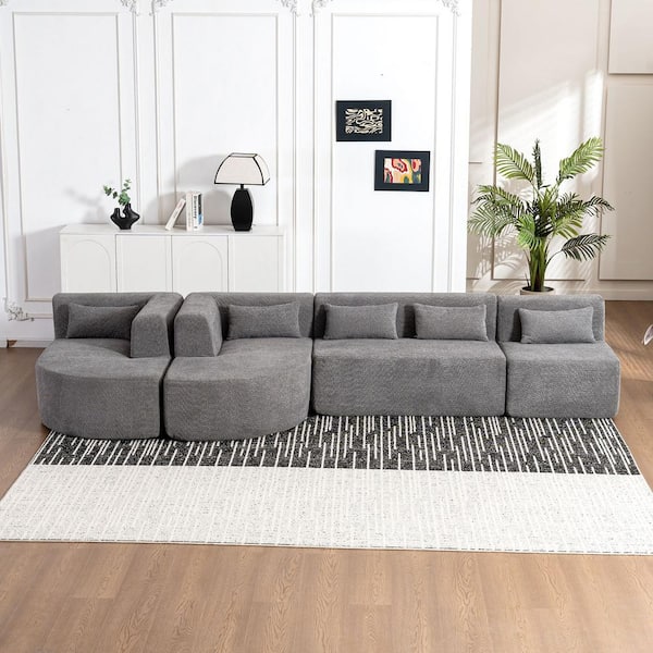 Polibi 143.7 in. Boucle Fabric Square Arm Straight Sectional Sofa in Gray with 2-Chaise Lounge and 5-Back Pillows